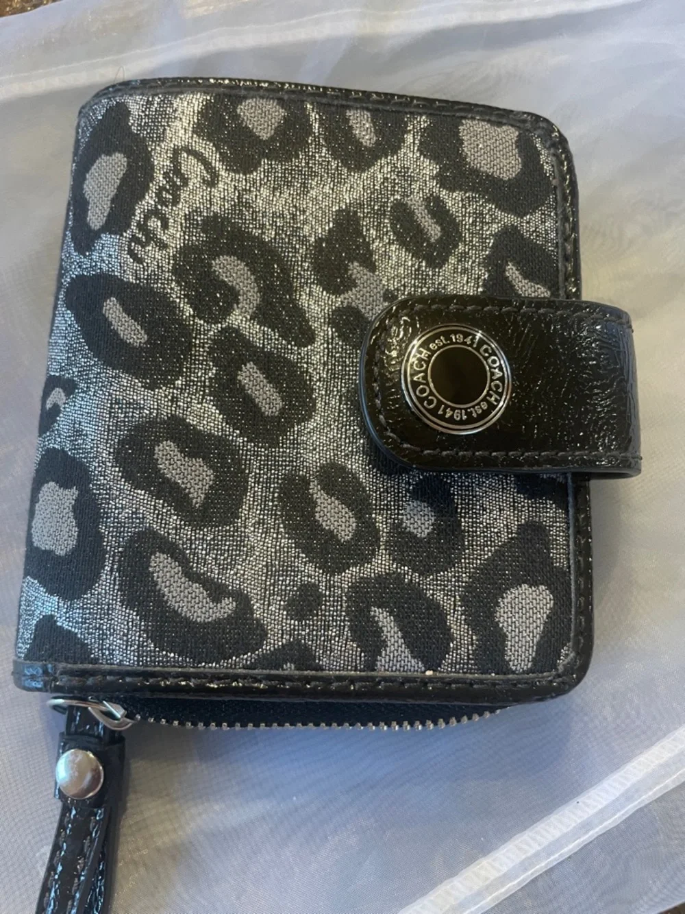 Coach Metallic Silver and Black Leopard Zip Wallet - Picture 1 of 9
